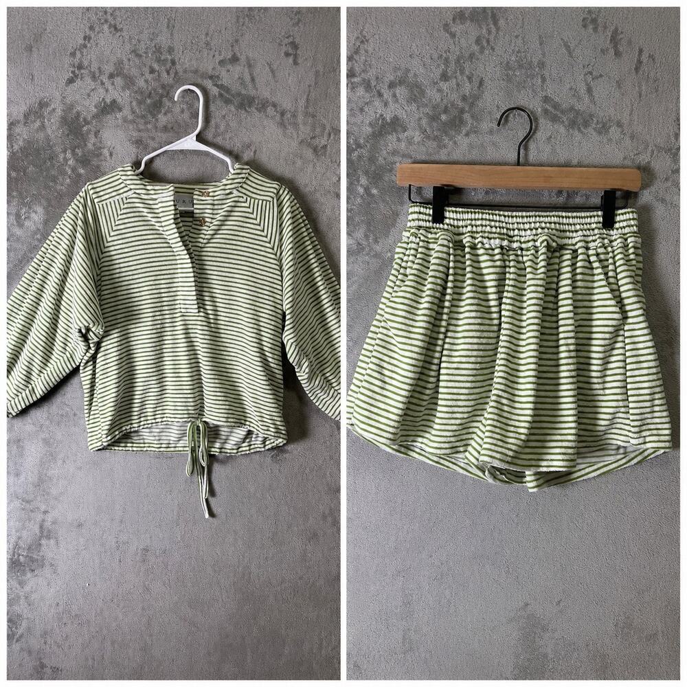 Buru Green White Striped Lounge Set Coastal Preppy Relaxed Resortwear Medium